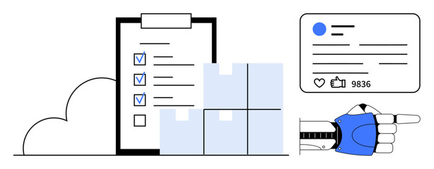 Poster - robot hand pointing to social engagement metrics. checklist, boxes, and cloud indicating automation,