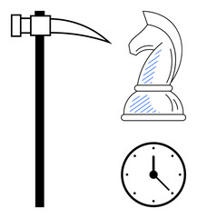Poster - pickaxe, chess knight, and clock combined suggesting focus on strategy, hard work, and time. ideal f