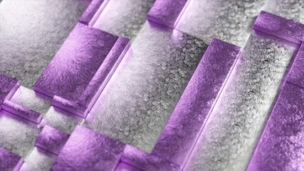 Poster - Metallic purple and silver rectangular cuboids rotating slowly, generating seamless geometric pattern with mesmerizing light reflections and modern abstract design element