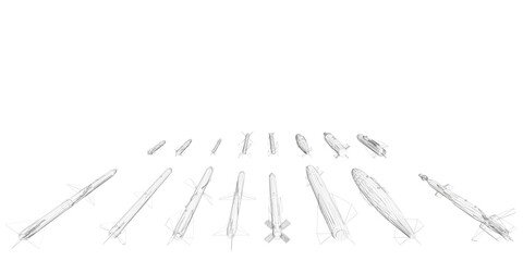 Poster - A series of rocket designs are shown in a line, with the first rocket being the shortest and the last rocket being the tallest
