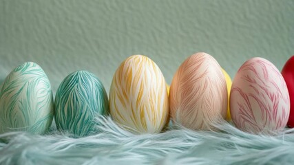 Poster - A row of colorful eggs sit on top of white fur, great for Easter or spring-themed designs