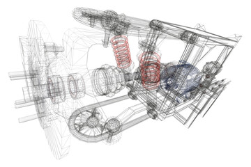 Poster - The image is a close-up of a car engine with red and blue springs. The springs are positioned in various parts of the engine, providing support and flexibility. The drawing is of a car engine