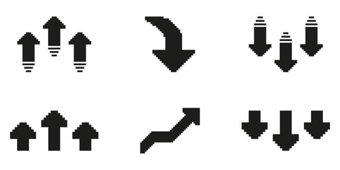 Fototapete - Pixel Art Arrow Icon Set. Directional Navigation And Trend Indicators. Upward, Downward, And Curved Arrows For Movement And Progress Representation. Isolated Vector Illustration