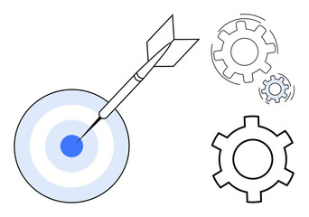 Poster - arrow hitting bullseye on target accompanied by gear icons in motion. ideal for productivity, goal s