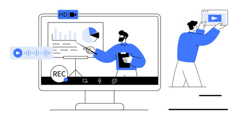 Poster - presenter pointing at graphs on screen, video recorder icons, user with player window. ideal for rem