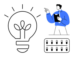 Poster - male professional holding clipboard, explaining innovative idea visualized by a lightbulb. technolog