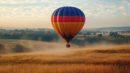Poster - A hot air balloon soaring above a green field, perfect for use in travel or adventure-themed projects