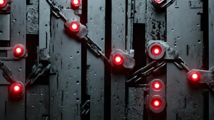 Poster - Dark metal structures with thick chains and glowing red sensors in a dark room