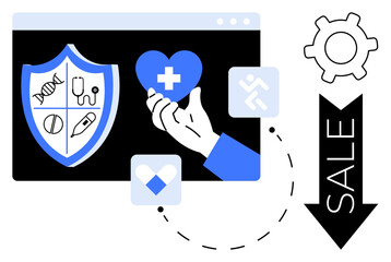 Poster - shield with medical icons, hand holding a heart, gear, price drop arrow. ideal for healthcare, insur