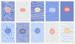 © Elena Panevkina - Sea ripples water waves marine summer backgrounds set. Uneven deformed hand drawn blue wavy organic doodle curved winding lines, stripes rectangle patterns. Hello it's summer time hand lettering.