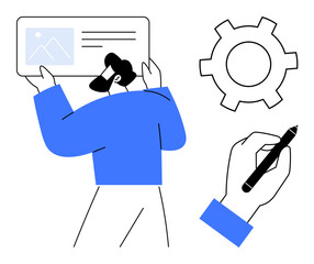 Poster - man holding a content card with image and text elements, gear for settings or mechanics, hand writin
