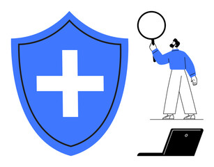 Poster - large shield with a cross, person holding a magnifying glass, and a laptop. ideal for cybersecurity,
