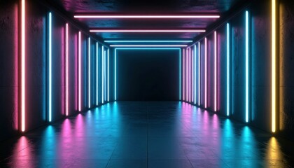 Fototapete - Abstract Neon Light Installation: Geometric Patterns in Dark Room