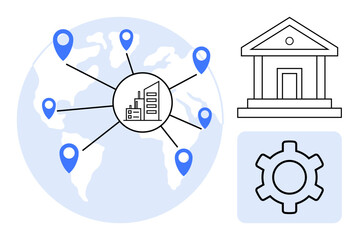 Poster - world map with location markers connecting to a central business hub, alongside a building symbol an