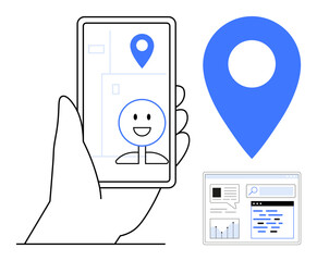 Poster - hand holding smartphone with a smiling avatar and location marker, large blue map pin, search result