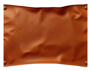 close-up of a worn brown leather patch with rivets and stitching