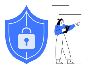 Poster - woman holding a tablet gestures towards a large shield icon featuring a padlock, symbolizing cyberse