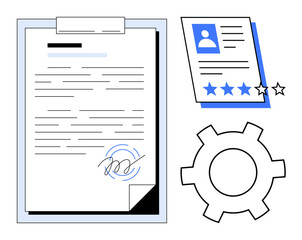 Poster - signed document, profile card with rating stars, and gear element. ideal for contract management, re