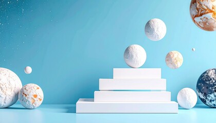 Fototapete - Floating Geometric Planets Alignment Cosmic Minimalism Pastel Space Scene
