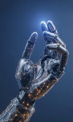 Poster - Robotic hand reaches out with glowing light against dark background