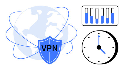 Poster - globe surrounded by vpn shield, bar graph, and clock highlighting privacy, internet security, and ef
