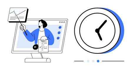 Poster - person presenting data on a screen, using a pointer alongside a large clock emphasizing time awarene