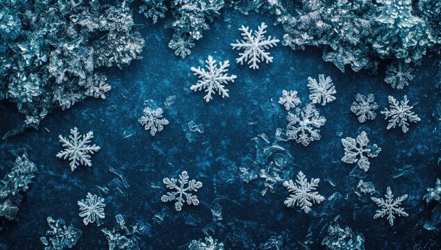 Snowflakes on a blue background with copy space for text. Christmas and New Year concept, frame border design. Flat lay, top view, high-resolution photography.