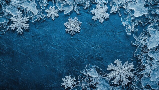 Snowflakes on a blue background with copy space for text. Christmas and New Year concept, frame border design. Flat lay, top view, high-resolution photography.