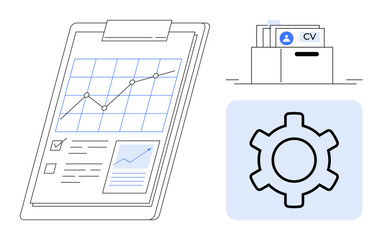 Poster - clipboard with graph and indicators, file drawer labeled cv, and gear symbol. ideal for analytics, c