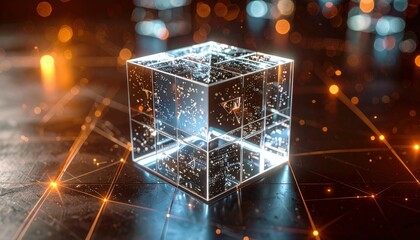 Fototapete - Holographic Cube Decomposition: Glowing Transparent Fragments on Dark Background