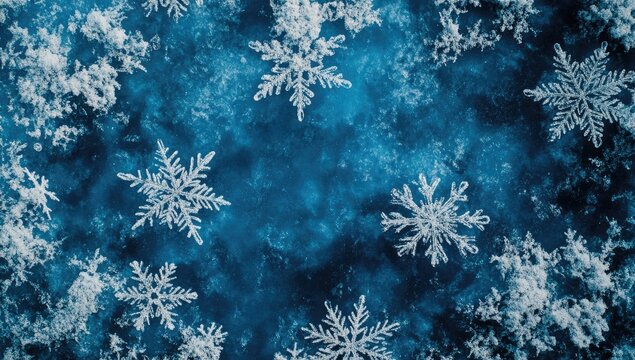 Snowflakes on a blue background with copy space for text. Christmas and New Year concept, frame border design. Flat lay, top view, high-resolution photography.