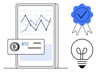 Poster - smartphone displaying bitcoin graph analysis, cryptocurrency card, certification badge, and light bu