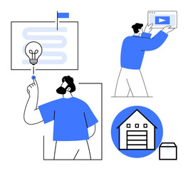Poster - light bulb idea, person with a tablet, warehouse icon, abstract paths. ideal for innovation, strateg