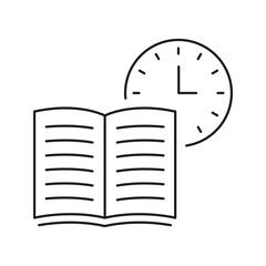 Poster - Open Book With Clock Line Icon. Time Management, Study Scheduling, And Reading Planning Outline Symbol. Educational Efficiency. Editable Stroke. Isolated Vector Illustration