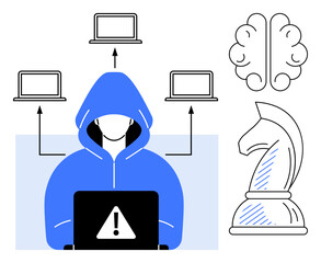 Poster - person in blue hoodie at laptop with warning sign, arrows to laptops, brain, and chess knight. ideal