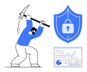 Poster - hacker swinging pickaxe at large secure shield beside analytics dashboard with charts. ideal for cyb