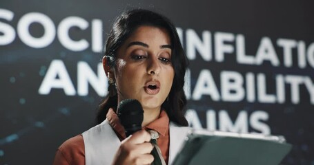 Aufkleber - Woman, talk and tablet for speech at conference of social inflation, liability and claims for funding. Speaker, digital and review information for financial growth, risk management and economy impact