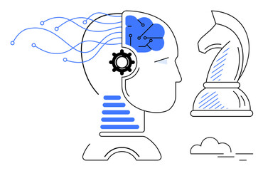 Poster - head silhouette with gear and neural connections symbolizing ai next to chess knight piece for strat