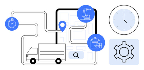 Poster - delivery truck navigating a route map with factory and warehouse icons, stopwatch, clock, and gear. 