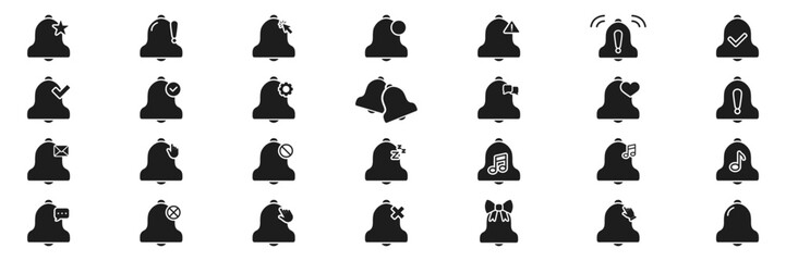 Fototapete - Notification Bell Solid Icon Set. Alerts, Reminders, Message Notifications Silhouette Symbol Collection. Isolated Vector Illustration