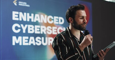 Aufkleber - Speaker, man and talk with tablet at conference event for enhanced cybersecurity measurements. Public speaking, presentation and digital for information, data protection and innovation of cyberattack