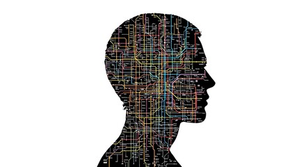 Poster - Human head silhouette filled with colorful interconnected lines representing brain activity