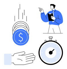 Poster - money falling into open hand, professional gesturing with clipboard, stopwatch. ideal for finance, t