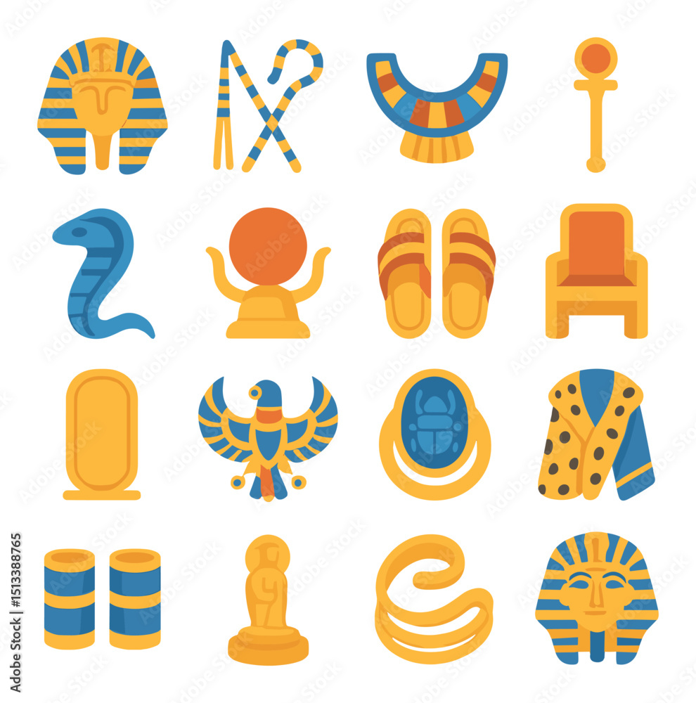 Ancient egypt flat icon collection. pharaoh, pyramids, and hieroglyphs ...