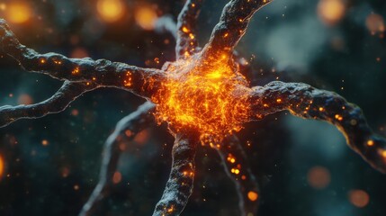 Poster - Digital visualization of a neuron that transmits nerve impulses. Neuron cells with glowing link knots