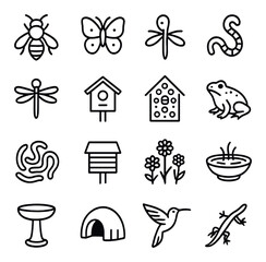 nature and wildlife linear icon collection for ecology, environment, and biodiversity