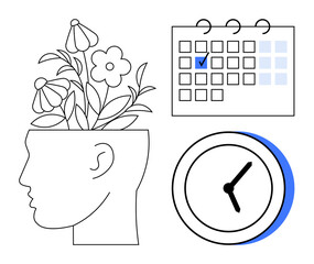 Poster - human head with blooming flowers, calendar with a marked date, and clock. ideal for mindfulness, men