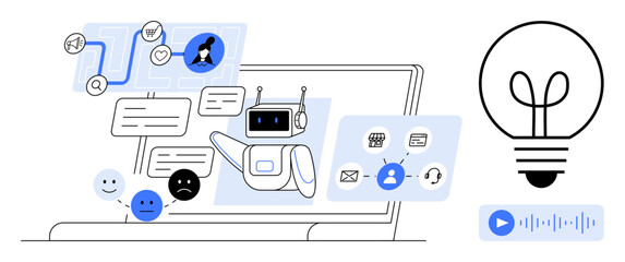 Poster - robot-thumbs up chatbot engaging in conversations, showing workflows, user emotions, and idea elemen