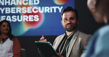 Aufkleber - Tablet, presentation and business people in discussion on a stage for enhanced cybersecurity measures. Meeting, technology and team of malware analysts with planning for website encryption system.