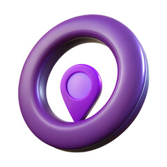 Poster - Modern 3d rendered purple location icon featuring a circular design and the pin point isolated on a black backdrop suitable for maps